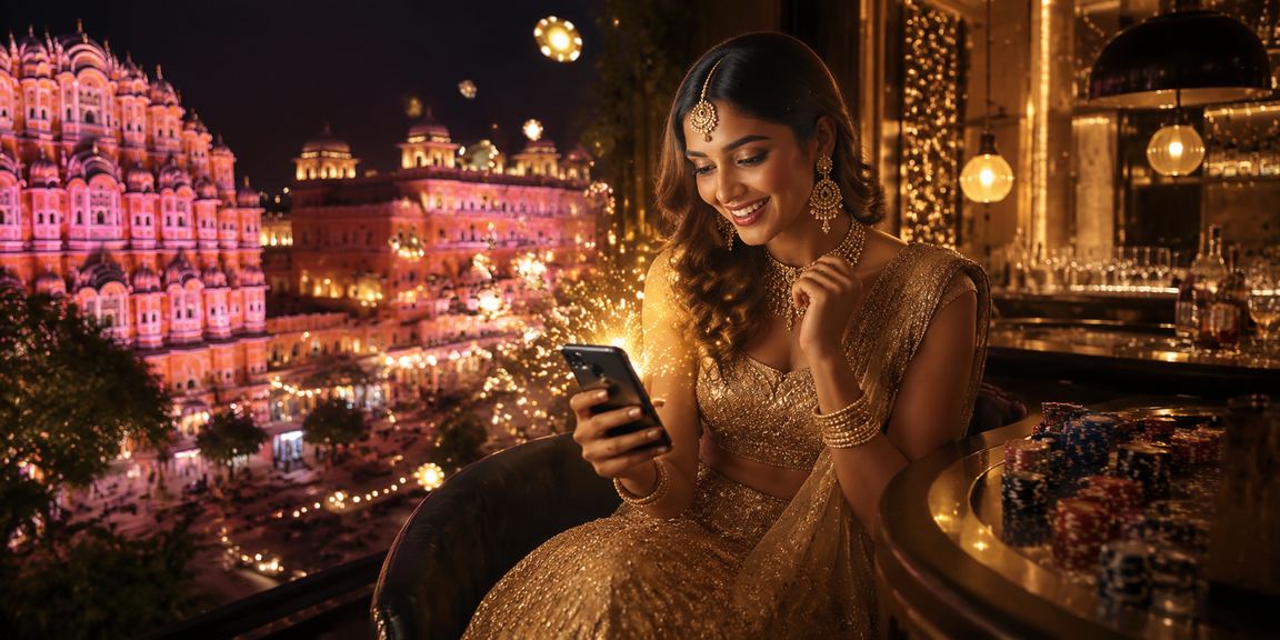 Female user making mobile deposit via UPI app in Jaipur wearing lehenga